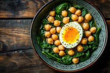 Bowl with spinach, chickpeas and boiled egg, placed on a wooden background. It represents healthy eating, diet concept, and vegetarian or vegan food.