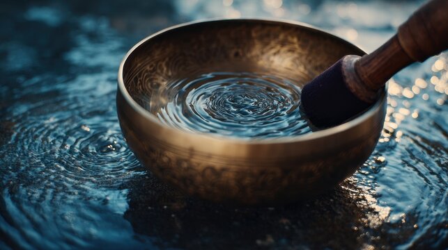 A calming scene featuring a singing bowl creating ripples in water.