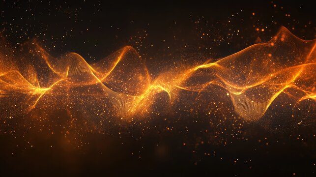 Abstract fiery wave design with golden particles.