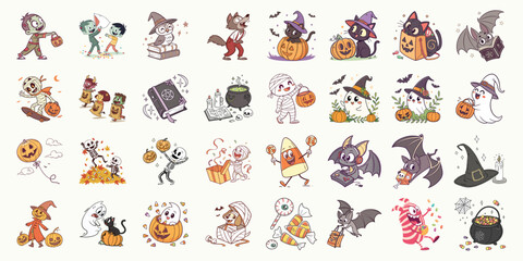 Fototapeta premium Diverse spooky cute cartoon characters celebrate the Halloween season together with assorted festive elements isolated