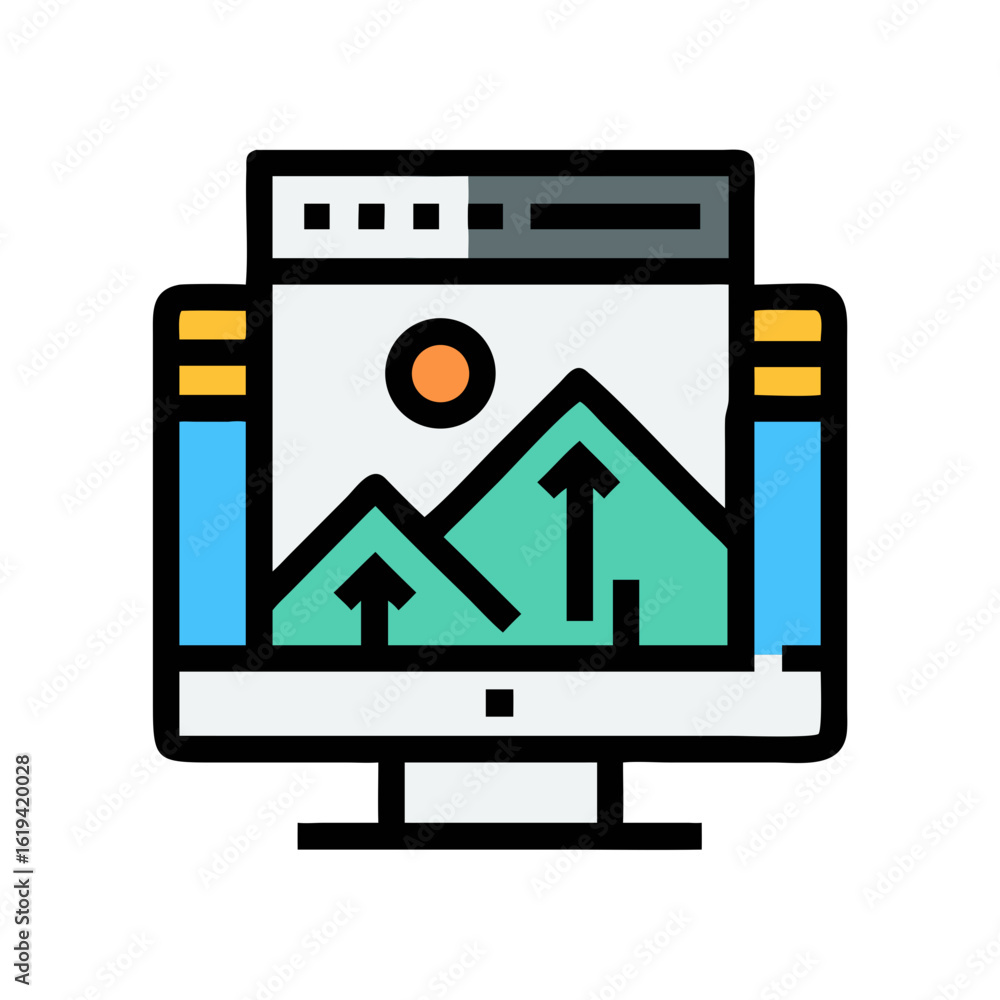 Poster website data analytics on a computer monitor screen illustration