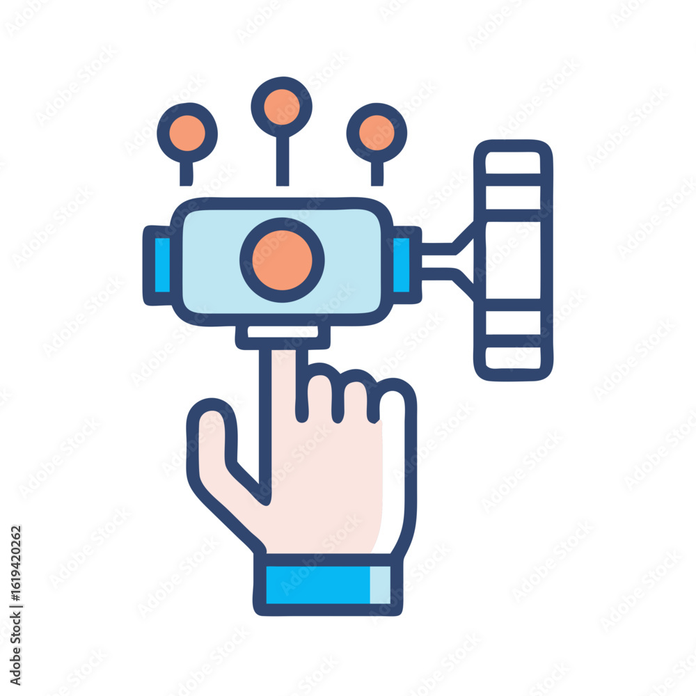 Poster hand interacting with futuristic device, interface with multiple functions