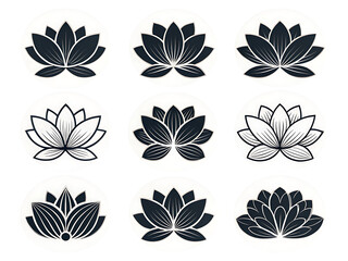 Obraz premium Collection of nine stylized lotus flower illustrations in dark blue and white