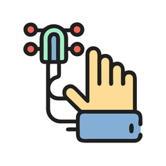 Hand interacting with futuristic device in flat style graphic