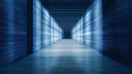 Futuristic data center showcasing zero trust architecture in 5G technology with illuminated pathways and sense of depth and security