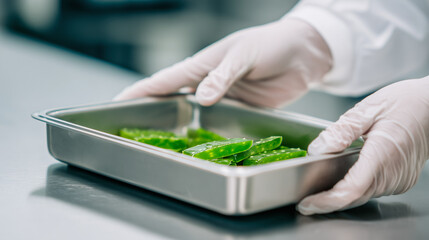 Factory worker preparing washed aloe vera for production line