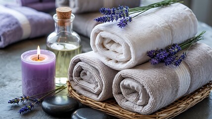 Relaxing spa scene with rolled fluffy towels a lit purple candle a small glass bottle of oil and lavender sprigs on a textured surface
