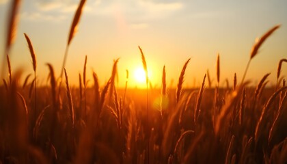 Silhouette of wild grass swaying in warm breeze during sunset, golden light and lens flare.