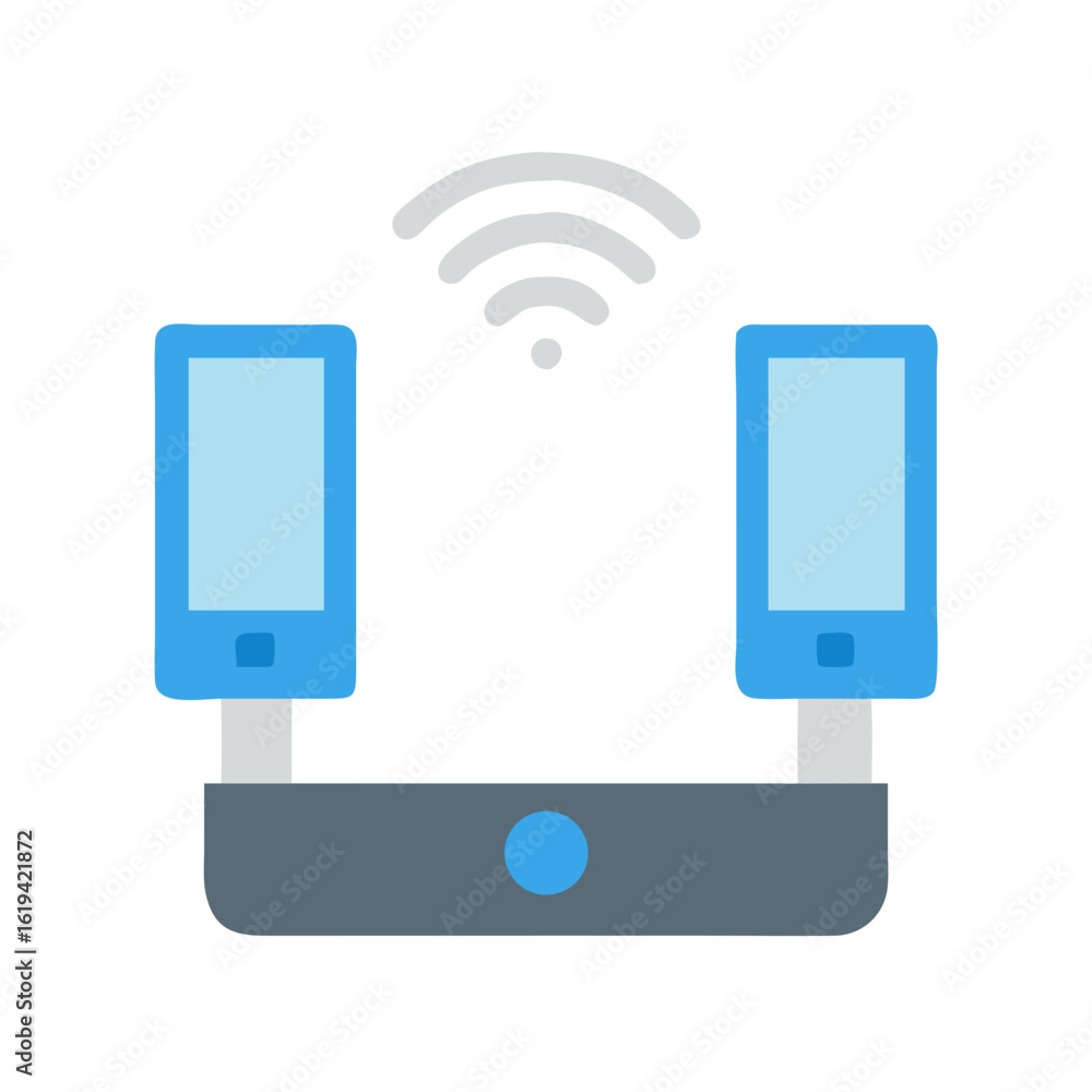 Poster wireless router connecting two smartphones with wifi signal icon