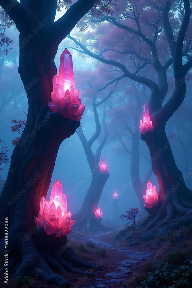 Poster enchanting forest scene featuring glowing pink crystals embedded in trees, creating a mystical atmos