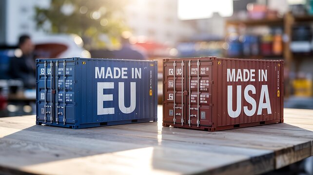Two miniature shipping containers one labeled made in eu and the other made in usa symbolizing international trade and commerce