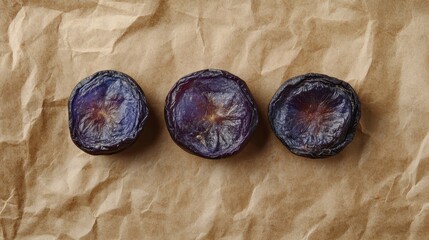 Three dried plum halves displayed on wrinkled brown parchment paper. Showcase plums in food, healthy eating, or alternative medicine themes.