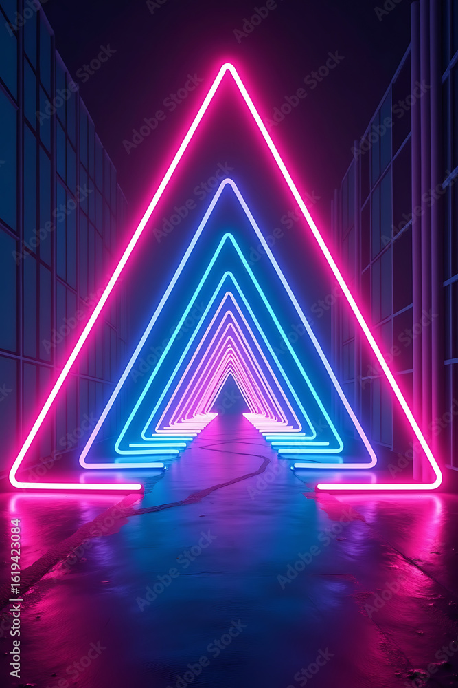 Aufkleber a neon-lit corridor of triangular frames, creating a vibrant, futuristic tunnel effect.