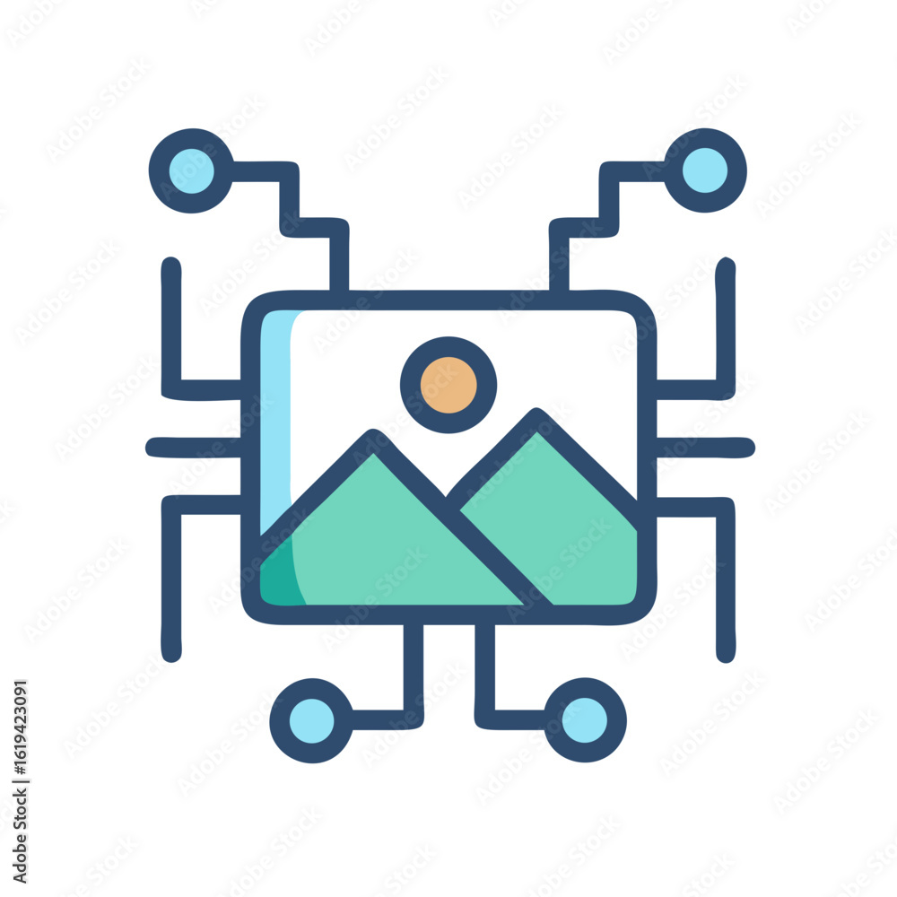 Poster modern tech icon featuring landscape image on circuit board