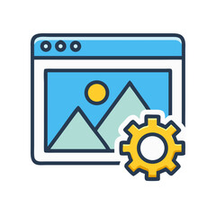 Website configuration illustration with landscape and settings gear wheel
