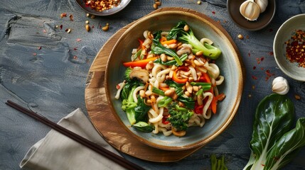 A fragrant stirfry featuring bok choy shiitake mushrooms and carrots smothered in a rich peanut sauce and served over udon noodles.