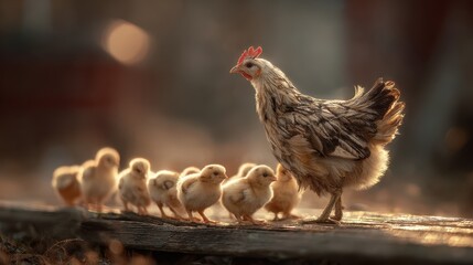 A hen leading her adorable chicks in a warm sunset glow.