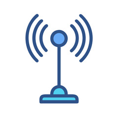 Blue antenna icon emitting signal on a black background