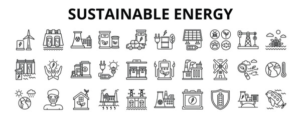 30 Sustainable Energy Line Icons Vector - Renewable Energy, Hydro Power, Green Energy, Energy Saving, Alternative Fuel 