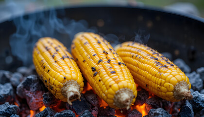 Three ears of sweet corn grilled over hot burning coals on natural outdoor setting. Kernels golden yellow with char marks from cooking. Close-up shot captures delicious process of roasting corn