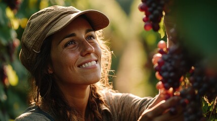 A joyful woman smiling while picking grapes in a vineyard.