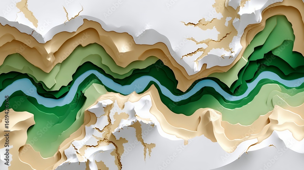 Poster abstract 3d rendering of a river canyon with green and beige layers