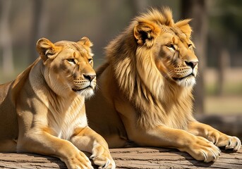 Obraz premium Majestic male and female lions resting together in sunlight