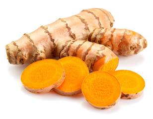 Vibrant Turmeric Root and Slices on White Background