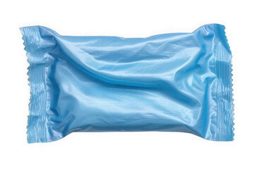 A single light blue individually wrapped sanitary wipe or wet cloth product isolated on transparent background