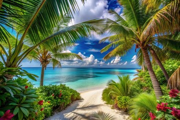 Fototapeta premium A beautiful tropical beach paradise with palm trees framing the turquoise ocean and white sand under a sunny blue sky with clouds