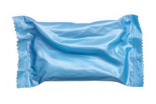 A single light blue individually wrapped sanitary wipe or wet cloth product isolated on transparent background
