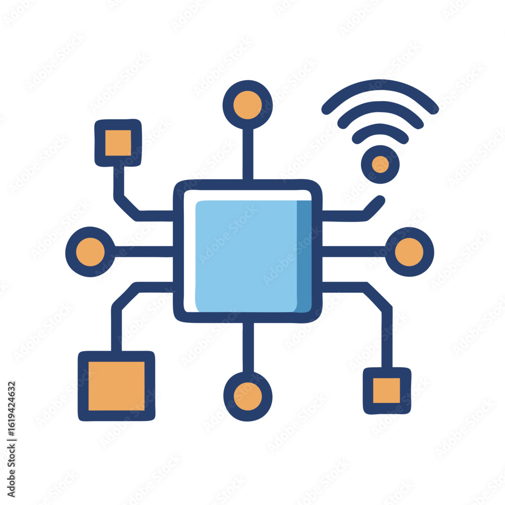 Poster microchip illustration with network nodes and wireless connection signal