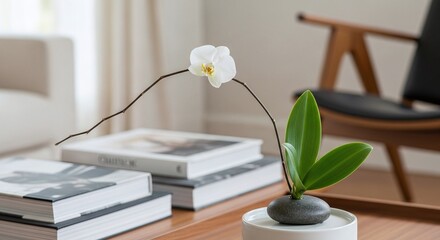 Elegant white orchid blossom with minimal leaf arrangement brings sophisticated serenity to modern decor projects