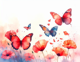 Watercolor painting of red poppies and butterflies with a soft and dreamy look on a white background.