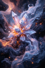 Fototapeta premium crystalline structures morphing into liquid forms, iridescent color plays, complex layered compositions, light-catching elements creating dimensional depth, and premium color harmonies