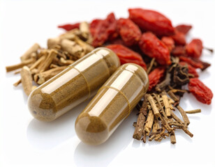 Capsules with herbal ingredients including goji berries and sticks, representing holistic medicine and alternative therapies.