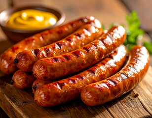 A mouthwatering stack of grilled sausages on a rustic wooden board, served with a side of tangy mustard for a delectable culinary experience.