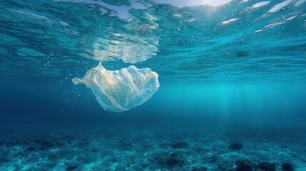 A plastic bag floats underwater, highlighting ocean pollution issues.
