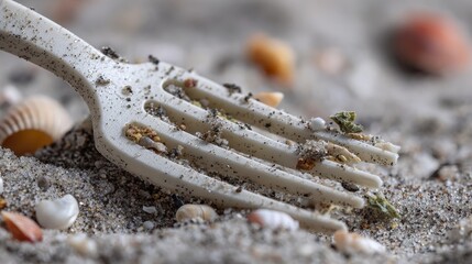 A plastic fork buried in the sand, surrounded by seashells.