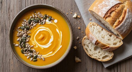 Creamy pumpkin soup with rustic bread offers comfort and warmth on a cool autumn day