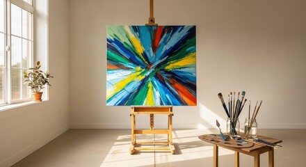 Stunning abstract painting on easel ready for design projects or vibrant creative concepts, art studio inspiration