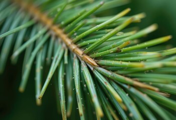Closeup of a green pine branch with needles and small white dots