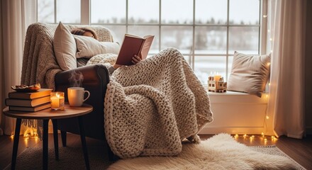 Enjoy cozy relaxation reading by the window with warm blankets and hot coffee on a cold winter day
