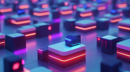 Abstract futuristic digital technology graphic design.  A collection of interconnected glowing blocks, showcasing a complex network or data system.