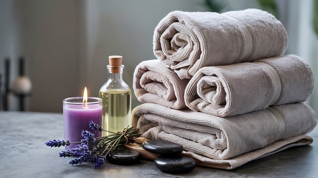 Relaxing spa scene with stacked soft towels aromatherapy candle massage oil and lavender sprigs on a stone surface