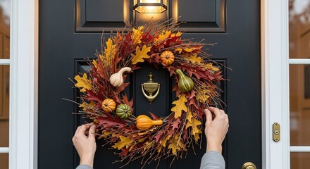 Elegant autumn wreath on black door welcomes Thanksgiving with pumpkins and colorful leaves