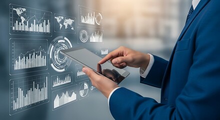 Businessman interacting with holographic financial data on a tablet