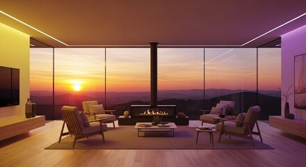 Modern living room with fireplace and stunning sunset view creates a warm and inviting atmosphere