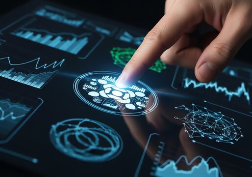 Vector art of finger interacting with a futuristic digital data interface