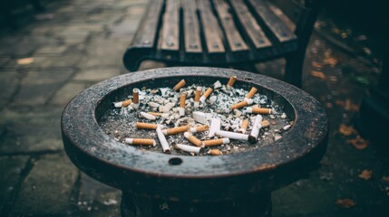 A public ashtray filled with discarded cigarette butts in a park.